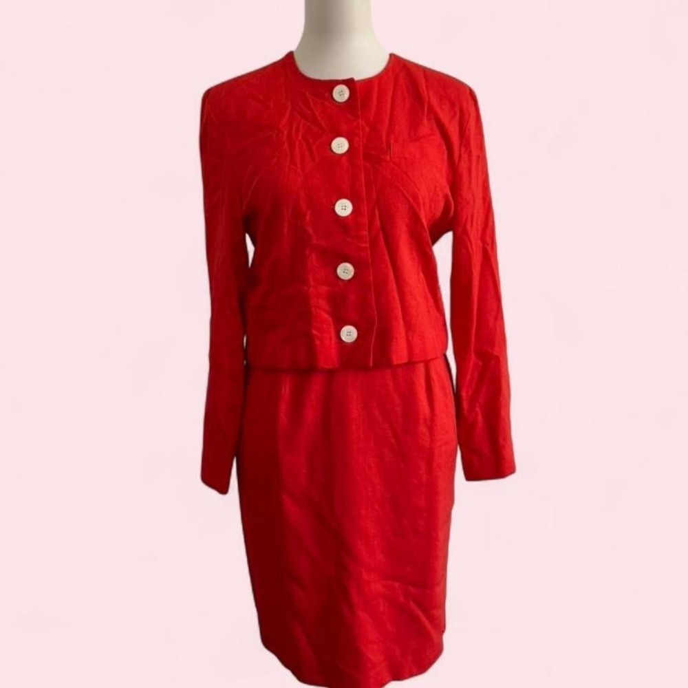 Vintage Diana Hartman Hot Orange Linen Blend Skirt Suit Set White Buttons Size 6